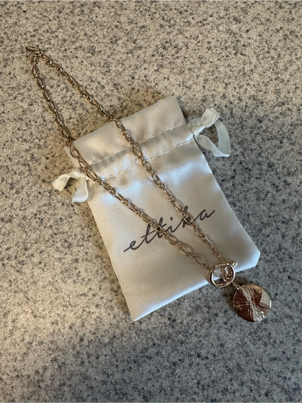 ettika Rose Gold Link Necklace with Textured Disc Pendant